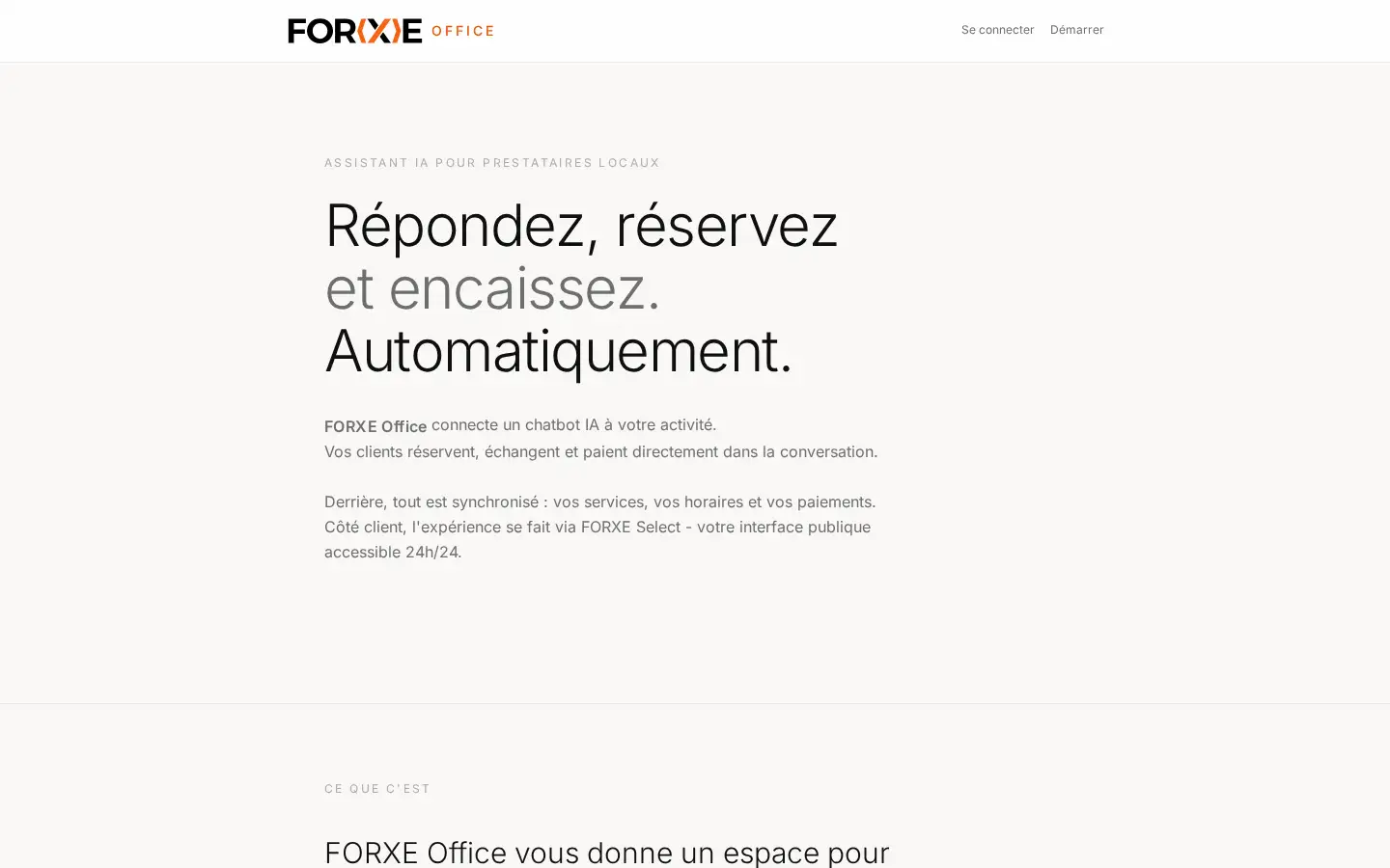 Page d’accueil publique de FORXE Office, sur ordinateur