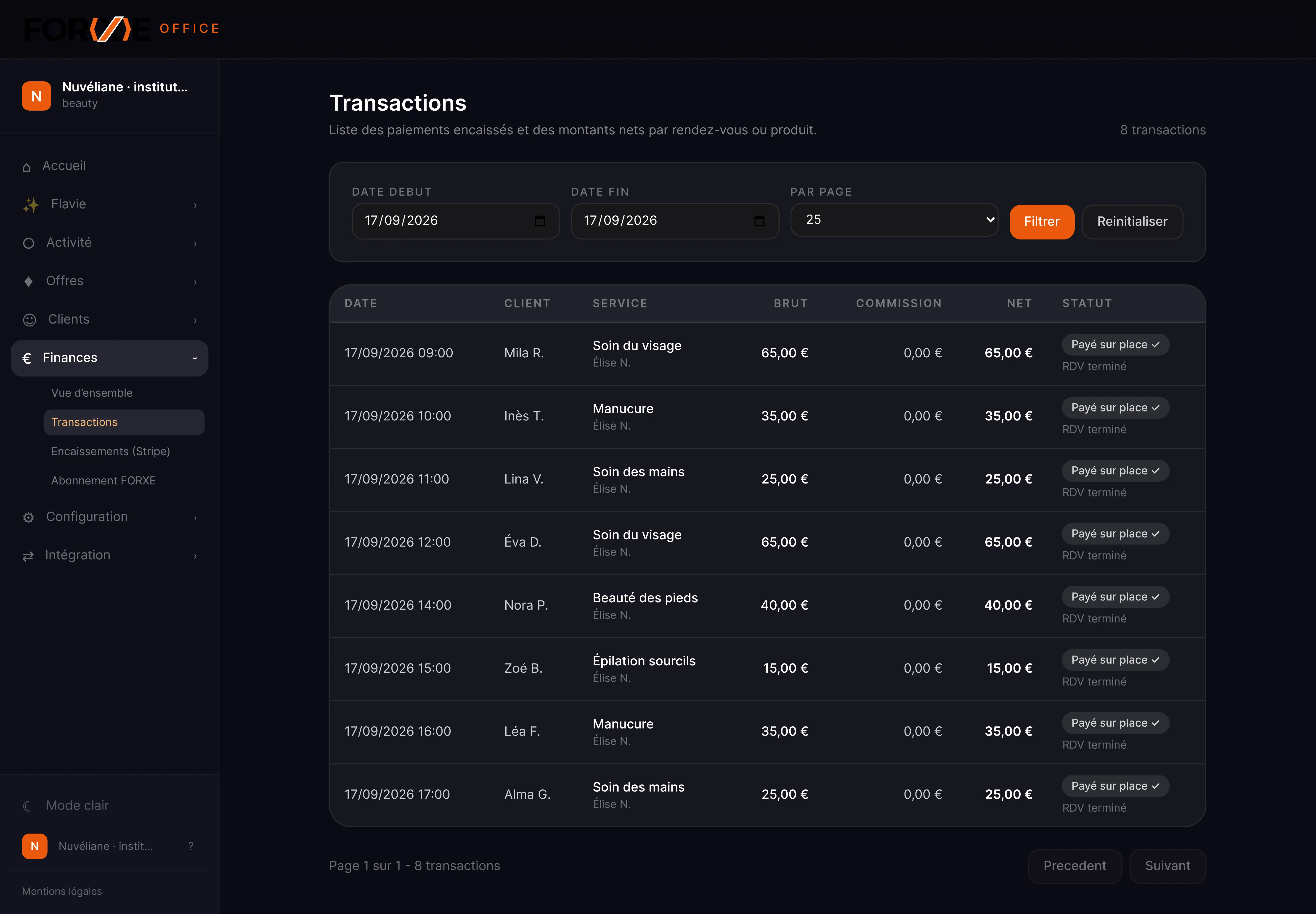 Interface réelle de FORXE Office : transactions, données d’exemple