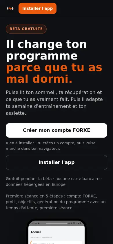 Page d’accueil publique de FORXE Pulse, sur téléphone