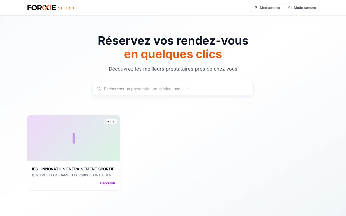 Page d’accueil publique de FORXE Select, sur ordinateur